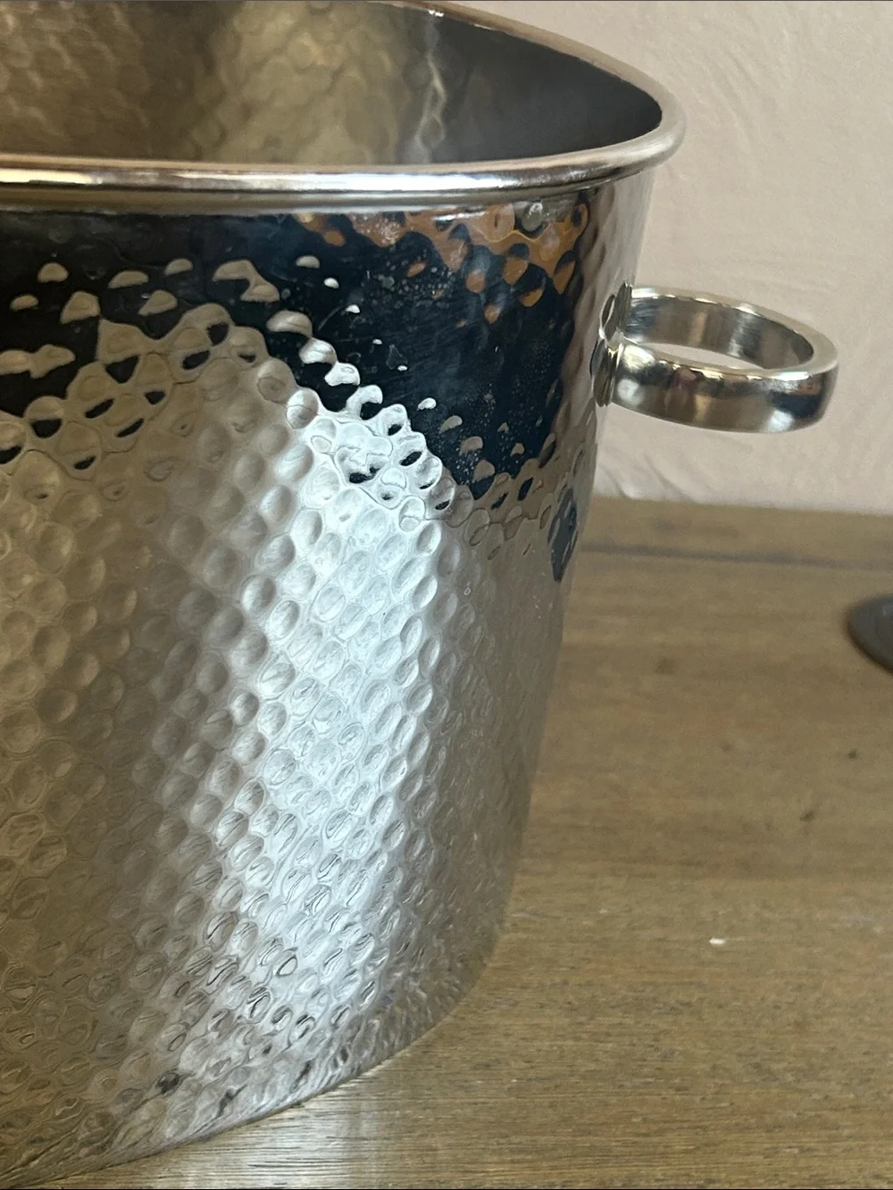 Pottery Barn Home Bar Hammered Stainless Steel Ice Bucket with Ring Handles.